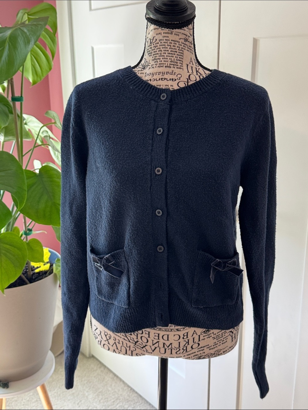Hollister Navy Crewneck Button Cardigan with Pocket Bows